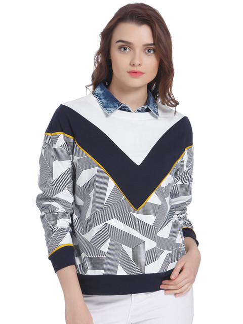 

Vero Moda Women White & Navy Blue Printed Sweatshirt