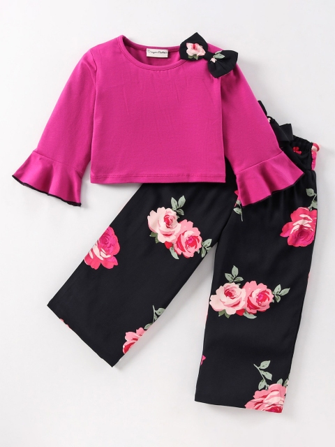 

CrayonFlakes Girls Pink & Black Solid Top with Floral Palazzos Set
