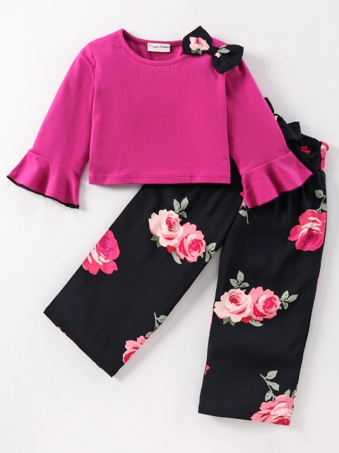 

CrayonFlakes Girls Pink & Black Solid Top with Floral Palazzos Set
