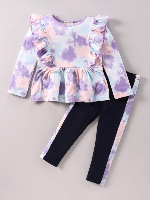 

CrayonFlakes Girls Blue & Black Tie and Dye Front Frill Top with Solid Leggings Set