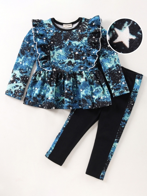 

CrayonFlakes Girls Blue & Black Printed Front Frill Top with Leggings Set