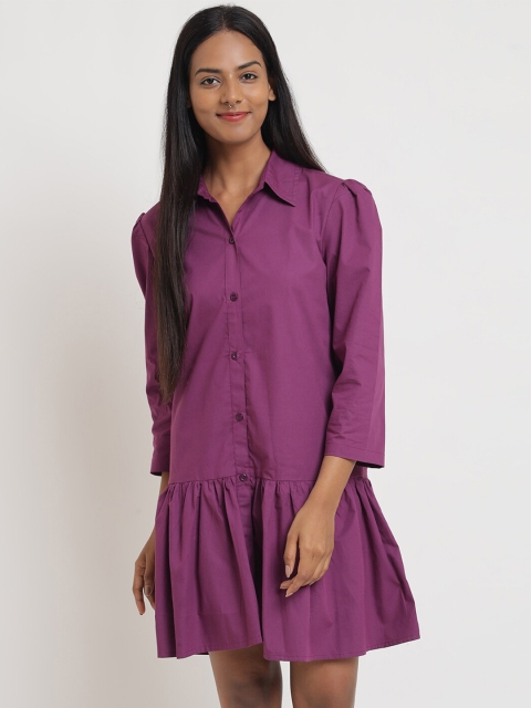 

Anaghakart Purple Solid Pure Cotton Shirt Collar Tunic