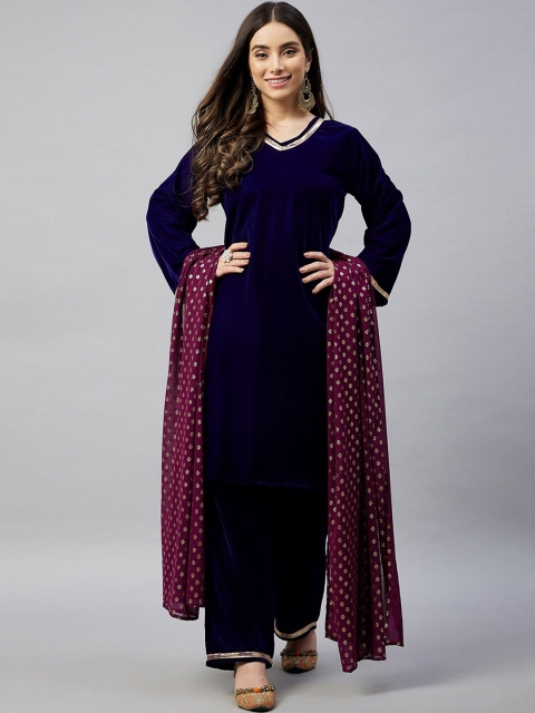 

InWeave Women Navy Blue Velvet Kurta with Palazzos & With Dupatta