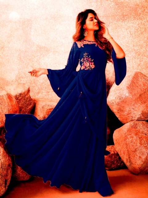 

APNISHA Navy Blue Embroidered Georgette Maxi Dress
