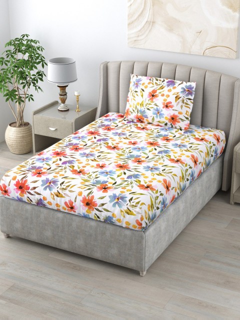 

BOMBAY DYEING White & Orange Floral 120 TC Single Bedsheet with 1 Pillow Cover