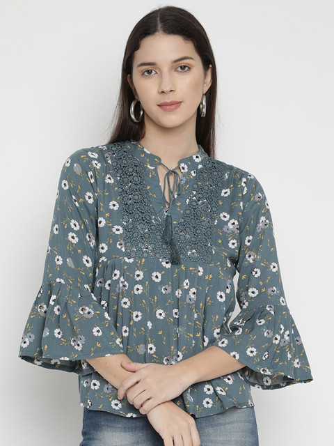 

V2 Value & Variety Women Blue & White Floral Printed Tie-Up Neck High-Low Top