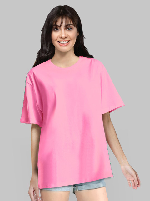 

Pootlu Women Pink Drop-Shoulder Sleeves Oversized T-shirt