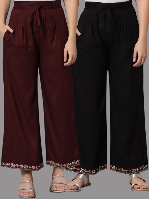 

Tulsattva Women Black & Brown 2 Embroidered Flared Ethnic Palazzos