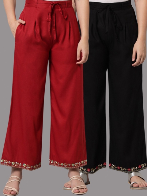 

Tulsattva Women Black & Red 2 Embroidered Flared Ethnic Palazzos
