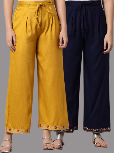 

Tulsattva Women Navy Blue & Yellow 2 Embroidered Flared Ethnic Palazzos