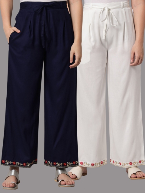 

Tulsattva Women White & Navy Blue 2 Embroidered Flared Ethnic Palazzos