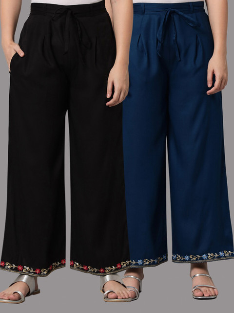 

Tulsattva Women Black & Blue 2 Embroidered Flared Ethnic Palazzos