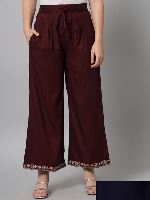 

Tulsattva Women Navy Blue & Maroon 2 Embroidered Flared Ethnic Palazzos