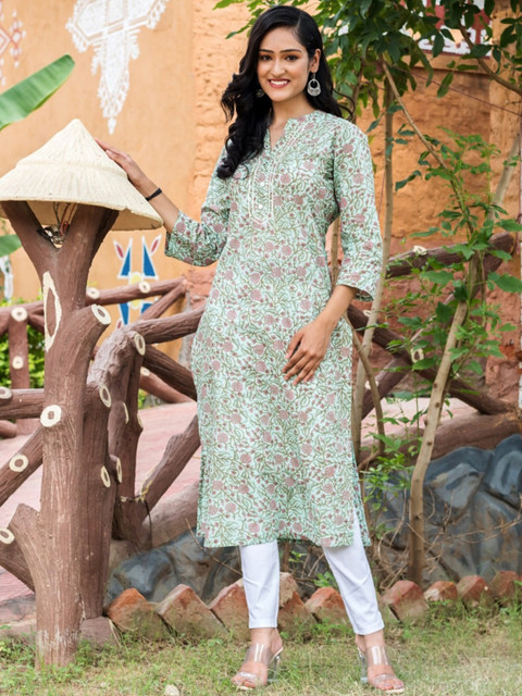 

Swasti Women Plus Size Green And Peach Block Print Gotta Patti Cotton Straight Kurta
