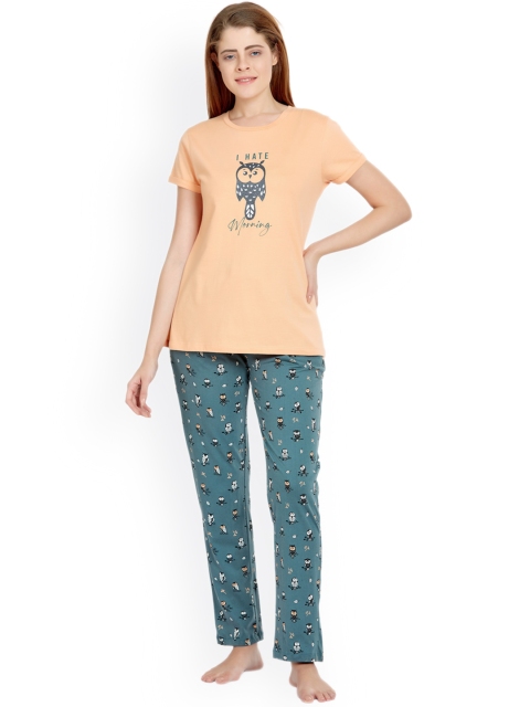 

MAYSIXTY Women Peach-Coloured & Blue Printed Night suit