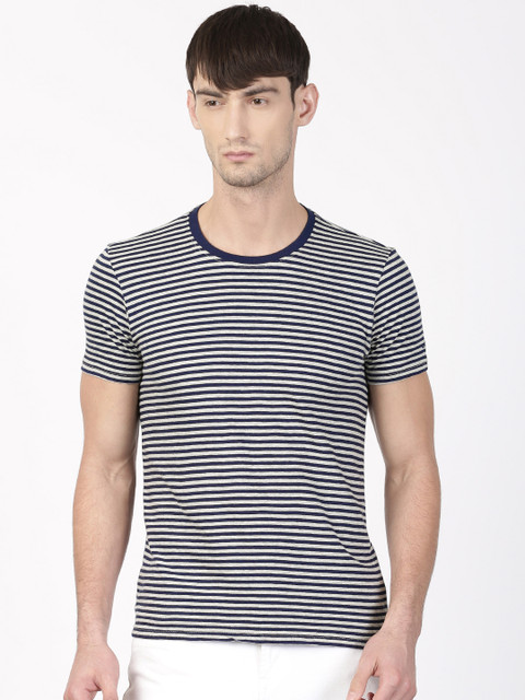 

ether Men Navy Blue Grey Striped Round Neck Pure Cotton T-shirt