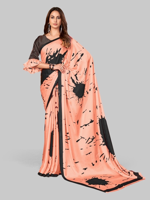 

7TH FAB Peach And Black Abstract Print Pure Satin Saree