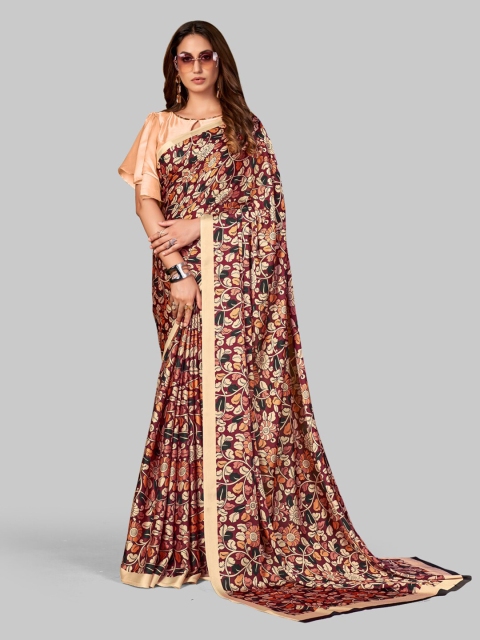 

7TH FAB Beige And Maroon Floral Print Pure Satin Saree