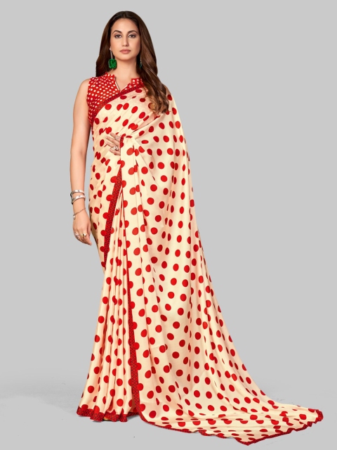 

7TH FAB Cream And Red Polka Dot Print Pure Satin Saree