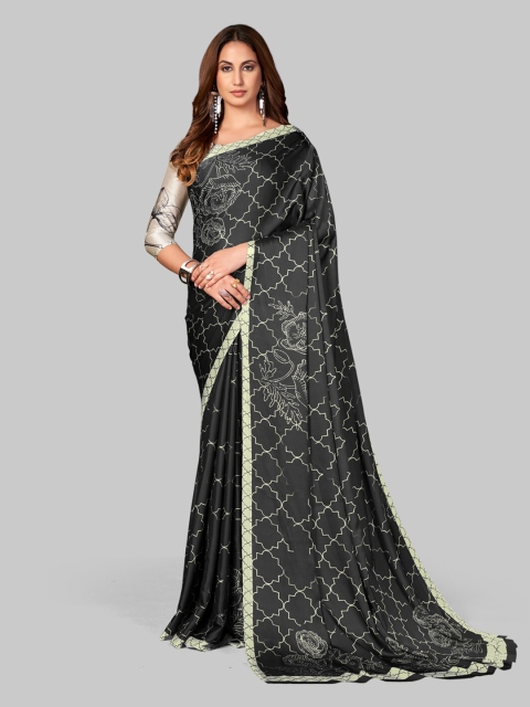 

7TH FAB Black And Green Geometric Print Pure Satin Saree