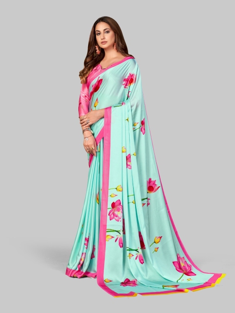 

7TH FAB Turquoise Green And Pink Floral Print Pure Satin Saree