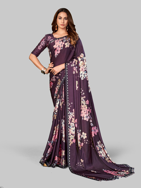 

7TH FAB Purple And Pink Floral Print Pure Satin Saree
