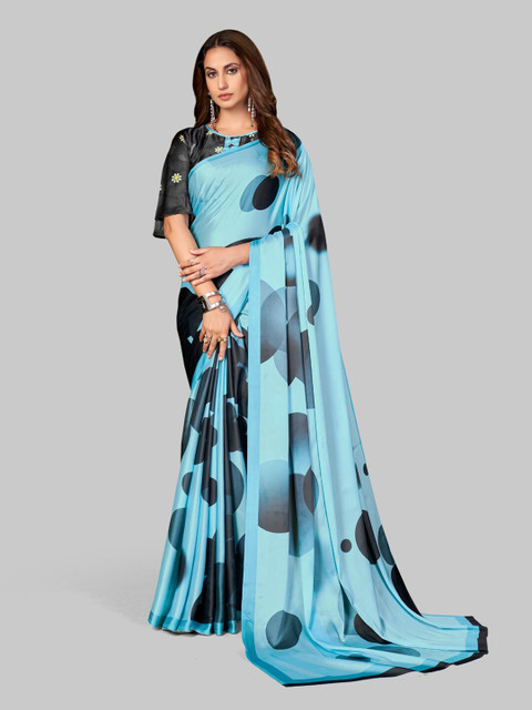 

7TH FAB Blue And Black Geometric Print Pure Satin Saree