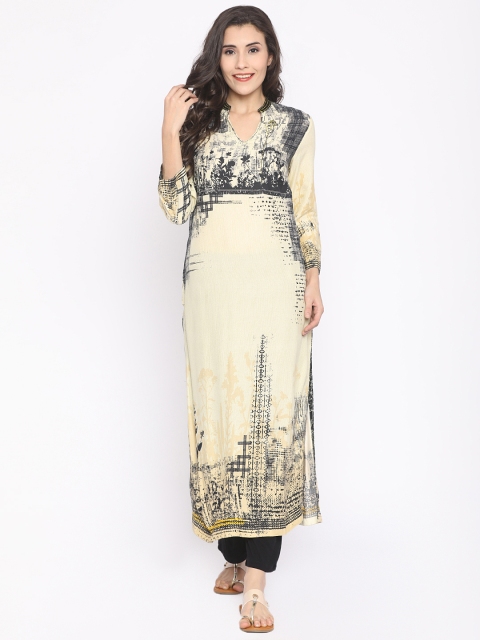 

Biba Women Cream-Coloured & Black Printed Straight Kurta