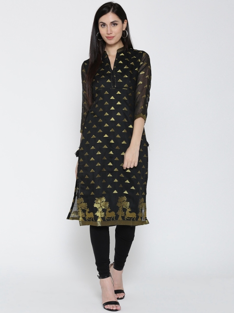 

Biba Women Black Woven Design Straight Kurta