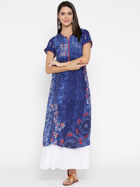 

Biba Women Blue Printed Straight Kurta