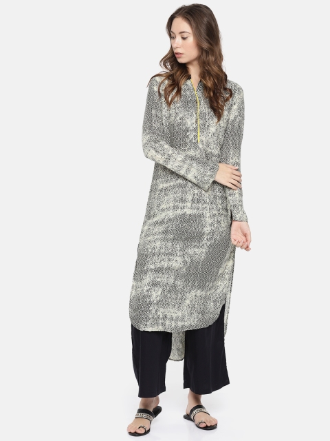 

Biba Women Cream-Coloured & Black Printed Straight Kurta