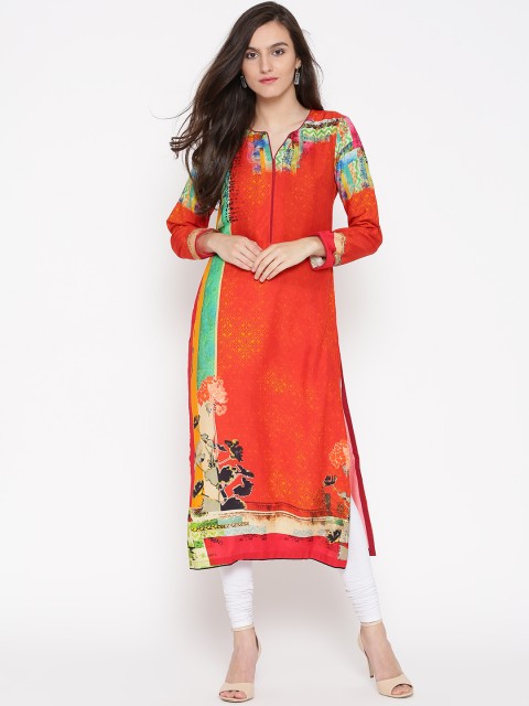 

Biba Women Red Printed Straight Kurta