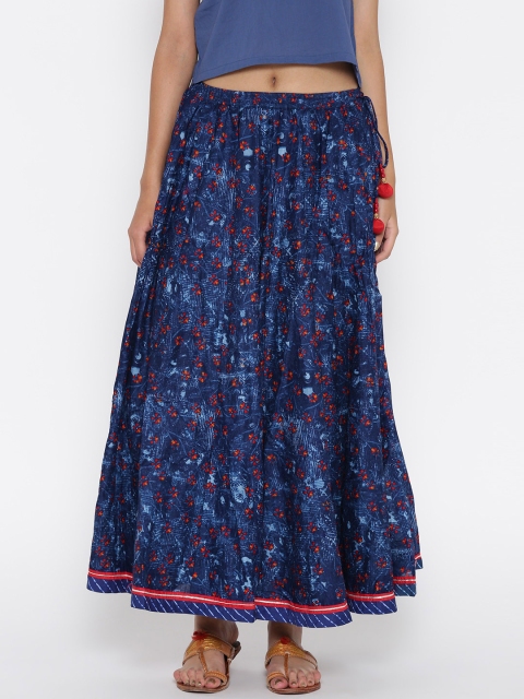 

Biba Blue Printed Maxi Flared Pure Cotton Skirt, Na