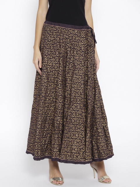 

Biba Coffee Brown & Golden Printed Flared Maxi Pure Cotton Skirt