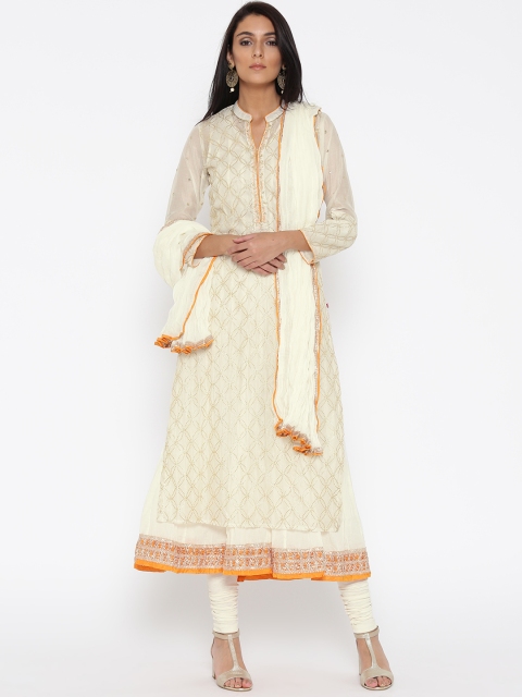 

Biba Women Off-White Layered Embellished Kurta with Churidar & Dupatta