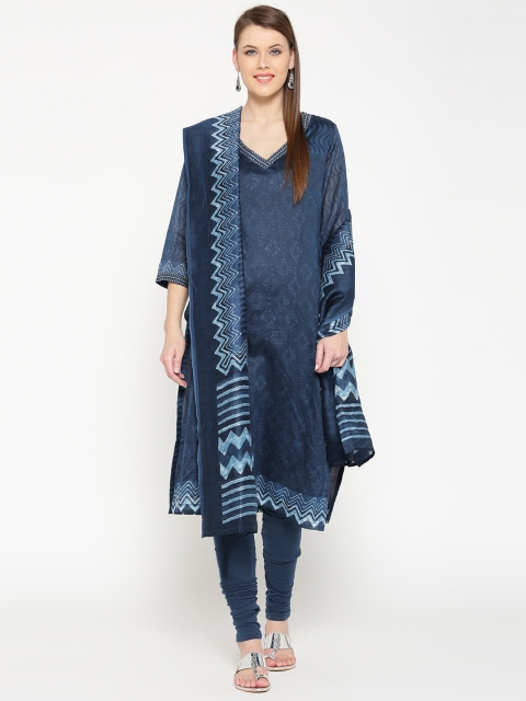 

Biba Women Navy Blue Printed Kurta with Churidar & Dupatta