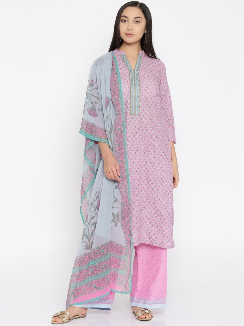 

Biba Women Pink & Printed Kurta with Trousers & Dupatta