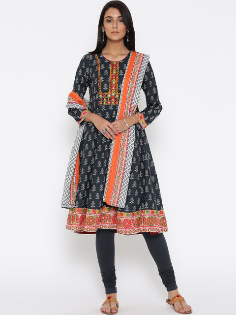 

Biba Women Black Printed Anarkali Kurta with Churidar & Dupatta