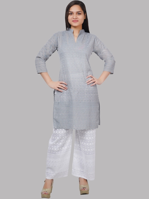 

Trendzmy Women Grey Geometric Chikankari Pure Cotton Kurta