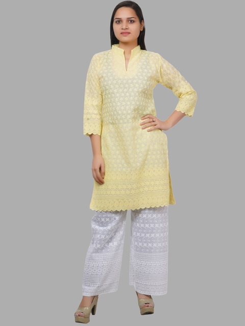 

Trendzmy Women Yellow Floral Embroidered Cotton Kurta