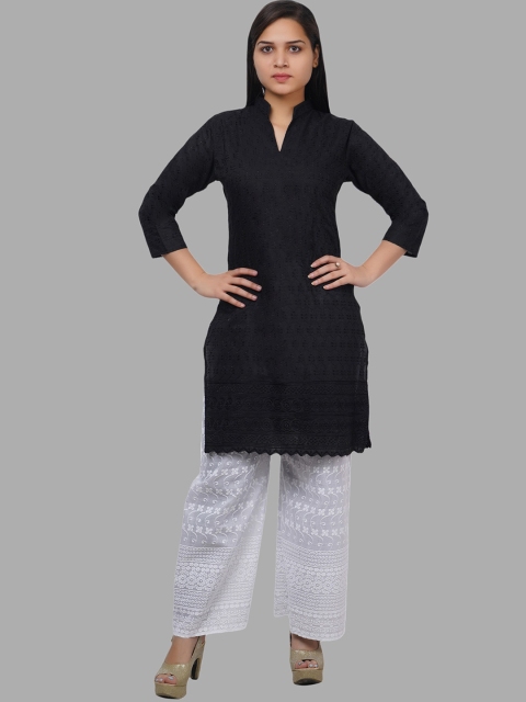 

Trendzmy Women Black Floral Embroidered Chikankari Kurta