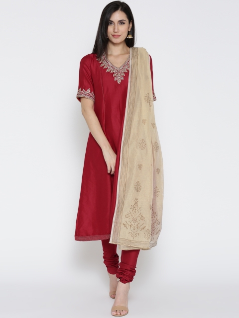 

Biba Women Red Solid A-Line Kurta with Churidar & Dupatta