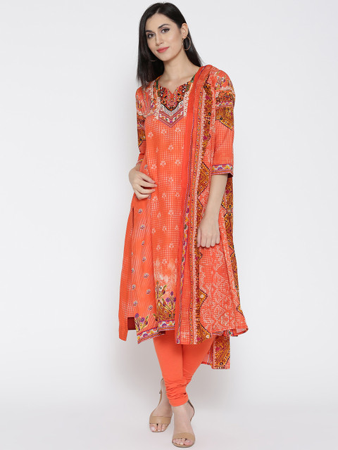 

Biba Women Orange Printed Kurta with Churidar & Dupatta