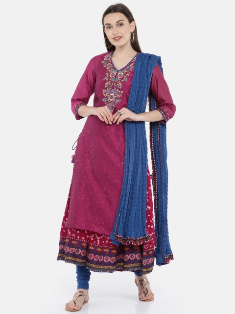 

Biba Women Purple & Blue Printed Layered Kurta with Churidar & Dupatta