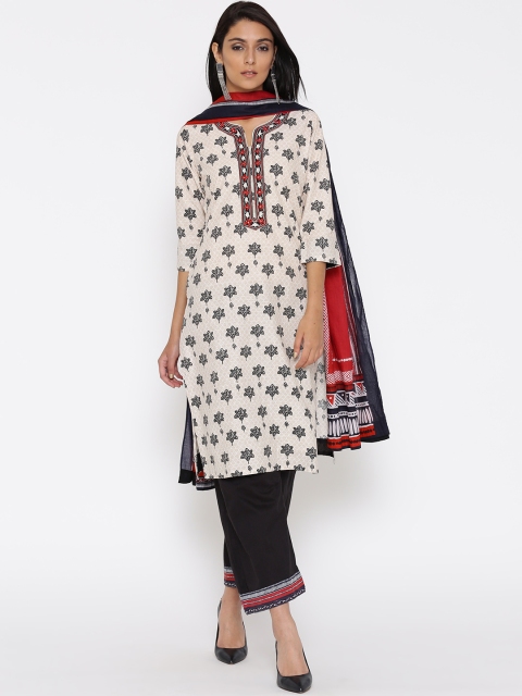 

Biba Women Beige & Black Printed Kurta with Trousers & Dupatta