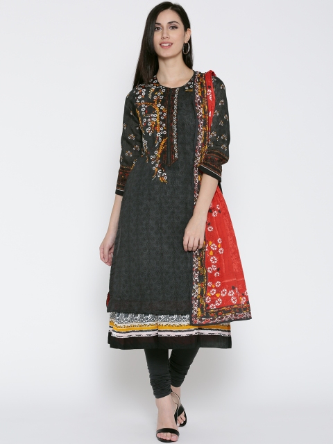 

Biba Women Charcoal Grey Printed Kurta with Churidar & Dupatta