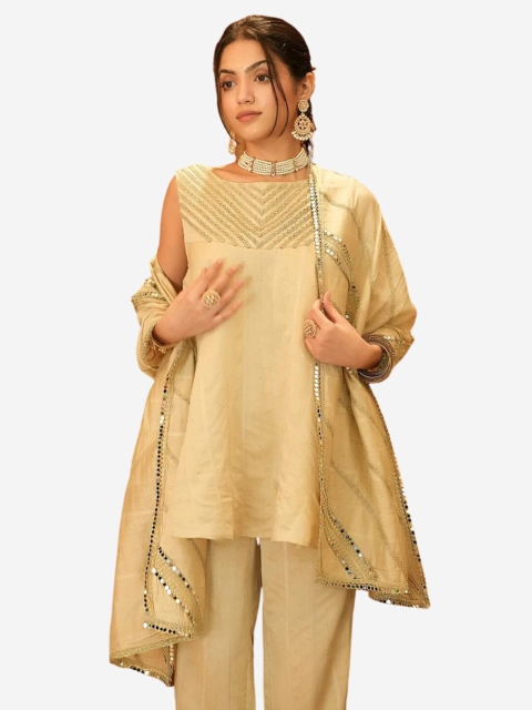 

Alaya By Stage3 Women Cream & Gold Embroidered Dupatta with Mirror Work