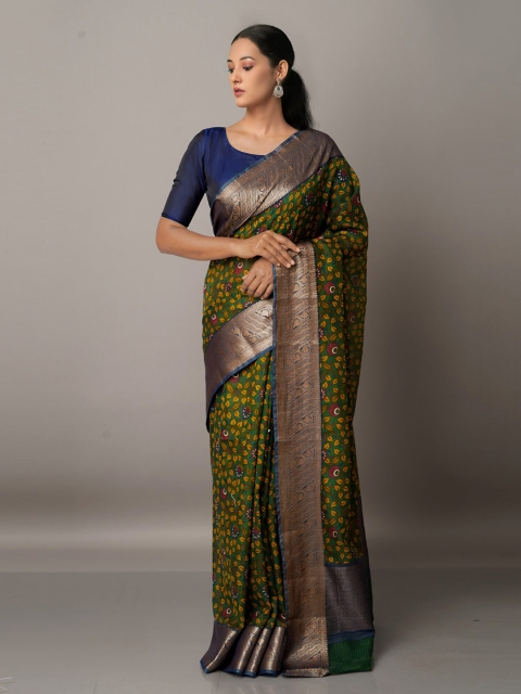 

Unnati Silks Green And Orange Kalamkari Print Zari Maheshwari Saree