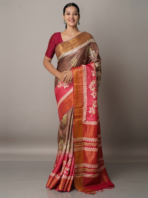 

Unnati Silks Brown And Red Ethnic Motifs Print Zari Pure Silk Tussar Saree