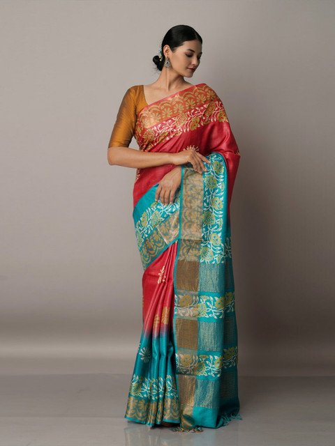 

Unnati Silks Red & Green Ethnic Motifs Zari Pure Silk Tussar Saree